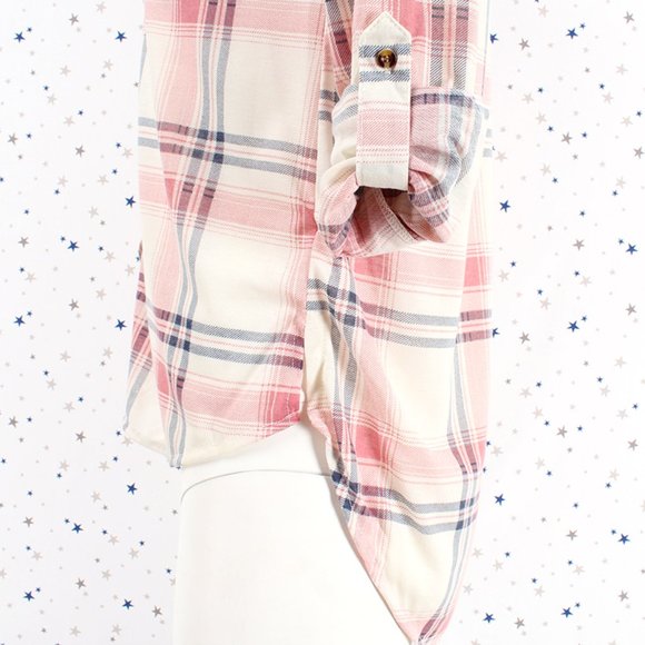 Knit Plaid Button Up Shirt Hi Lo Hem Ivory Coral Blue - Picture 6 of 8